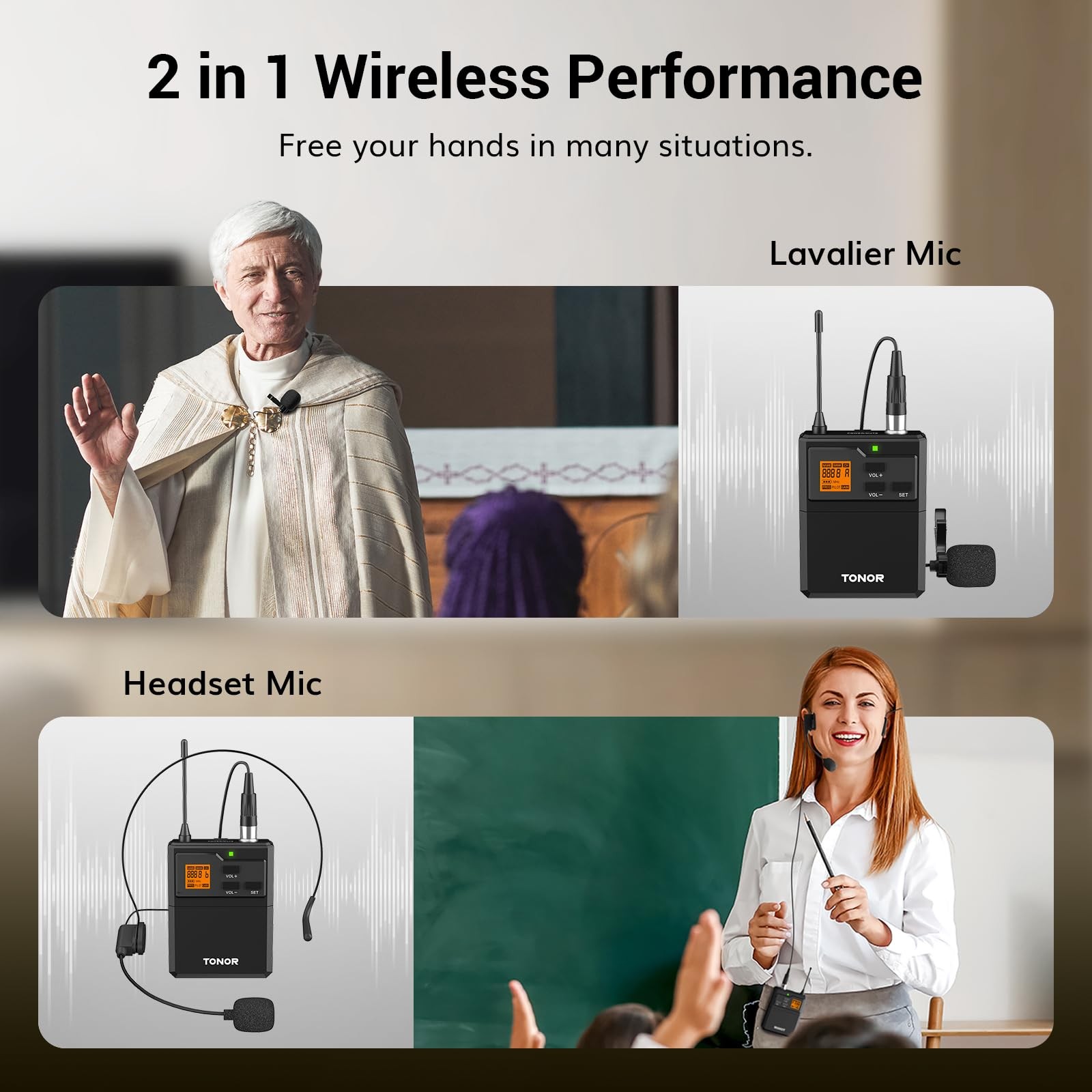 TONOR UHF Wireless Microphone System with Headset Lavalier Lapel Mic, Black
