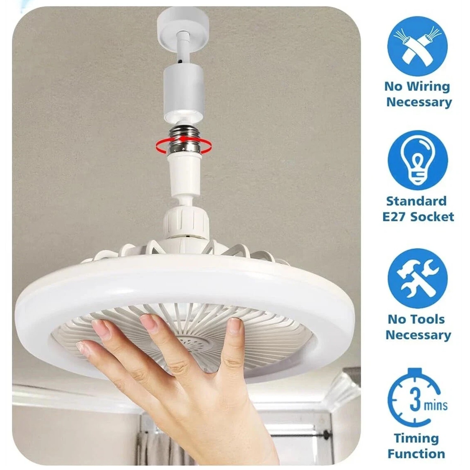 10" Adjustable E27 Socket Ceiling Fan Light 3-Color Temp LED Chandelier w/Remote