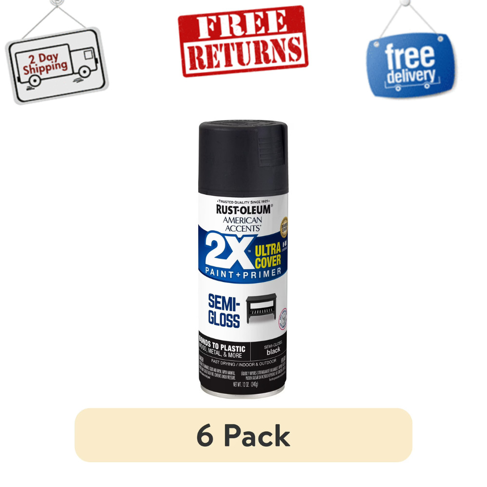 6 Pack Rust-Oleum American Accents 2X Semi-Gloss Black Spray Paint 12 oz, Primer
