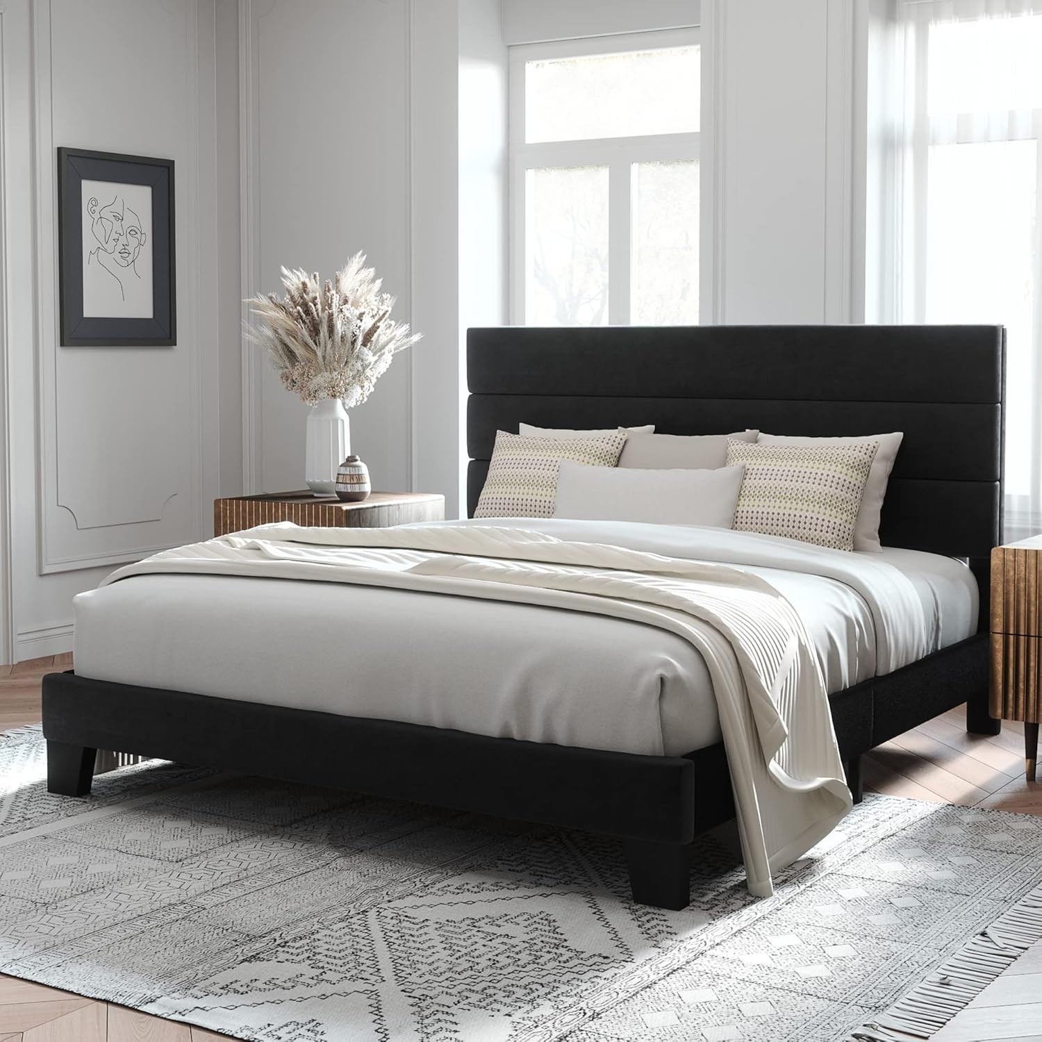 King Size Platform Bed Frame with Velvet Upholstered Headboard and Wooden Sla...