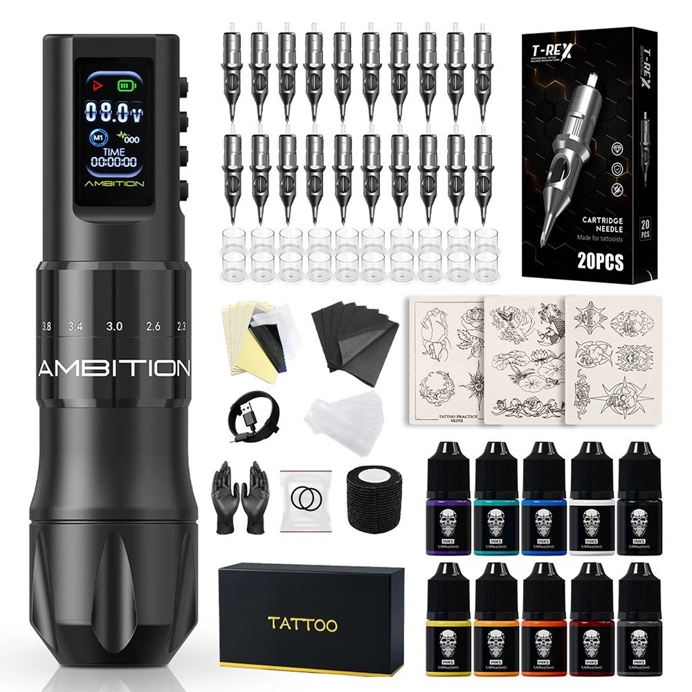 Wireless Tattoo Machine Full Kit 2.0-4.2mm Stroke Coreless Motor 1600mAh Battery