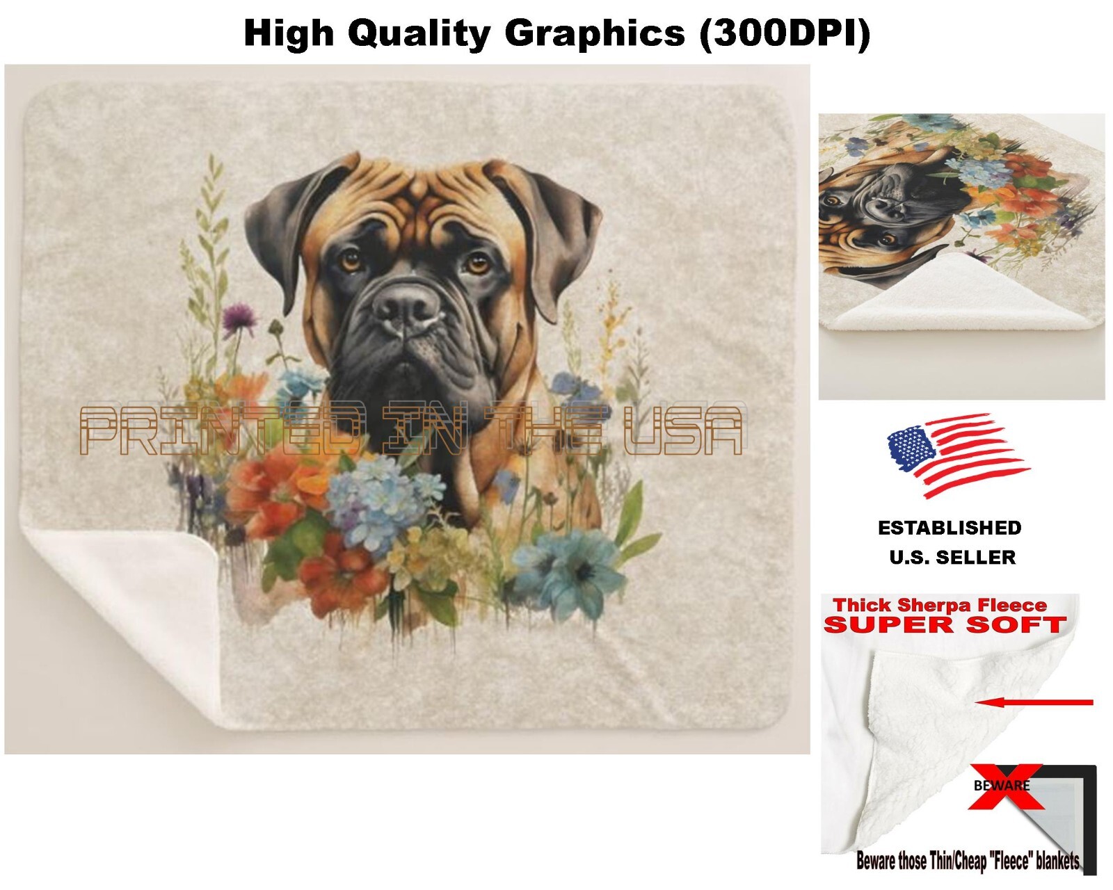 Bullmastiff Mastiff Dog Breed Floral Pet Portrait Sherpa Fleece Throw Blanket
