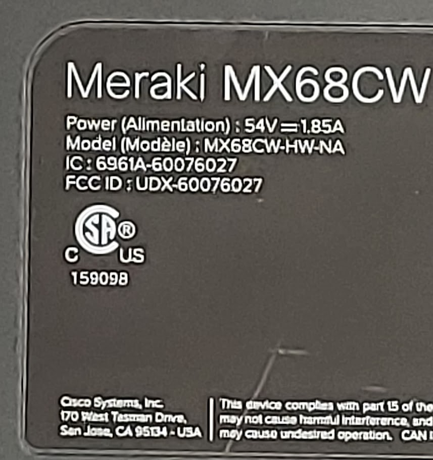 Cisco Meraki MX68CW Firewall NO ADAPTER