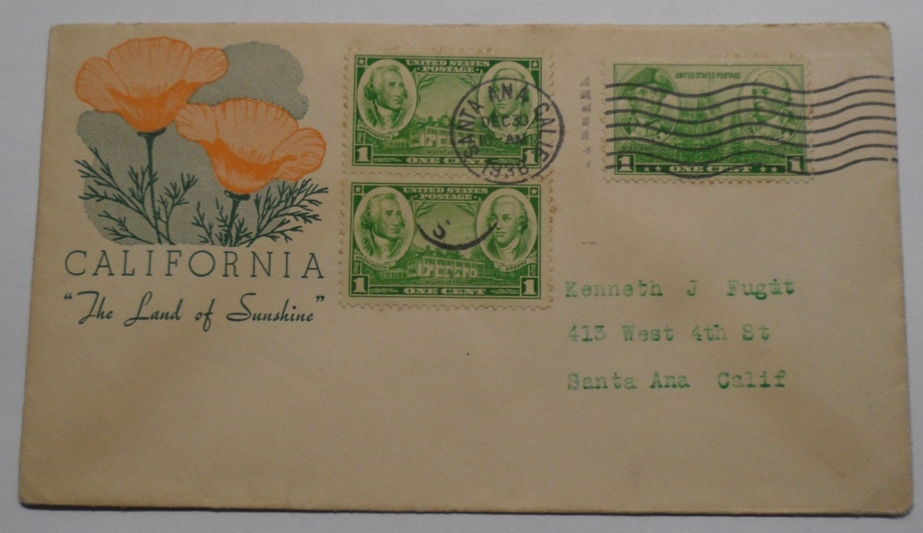 STAMPMART : USA 1936 SANTA ANA CALIF FLOWERS CACHET MOUNT VERNON STAMPS COVER