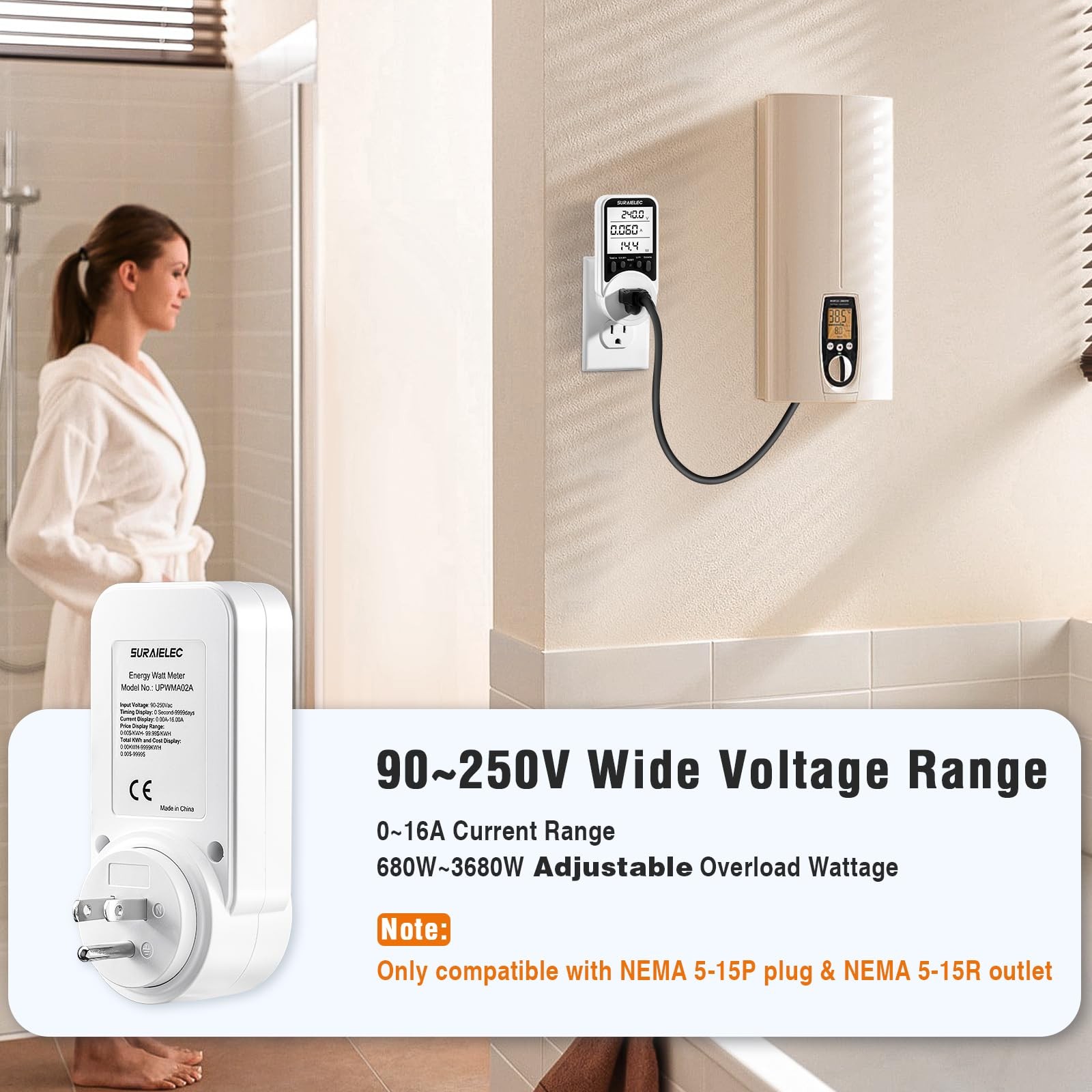 Watt Meter, Plug-in Socket Power Meter 90V-250V Wide Range Backlit Large Display