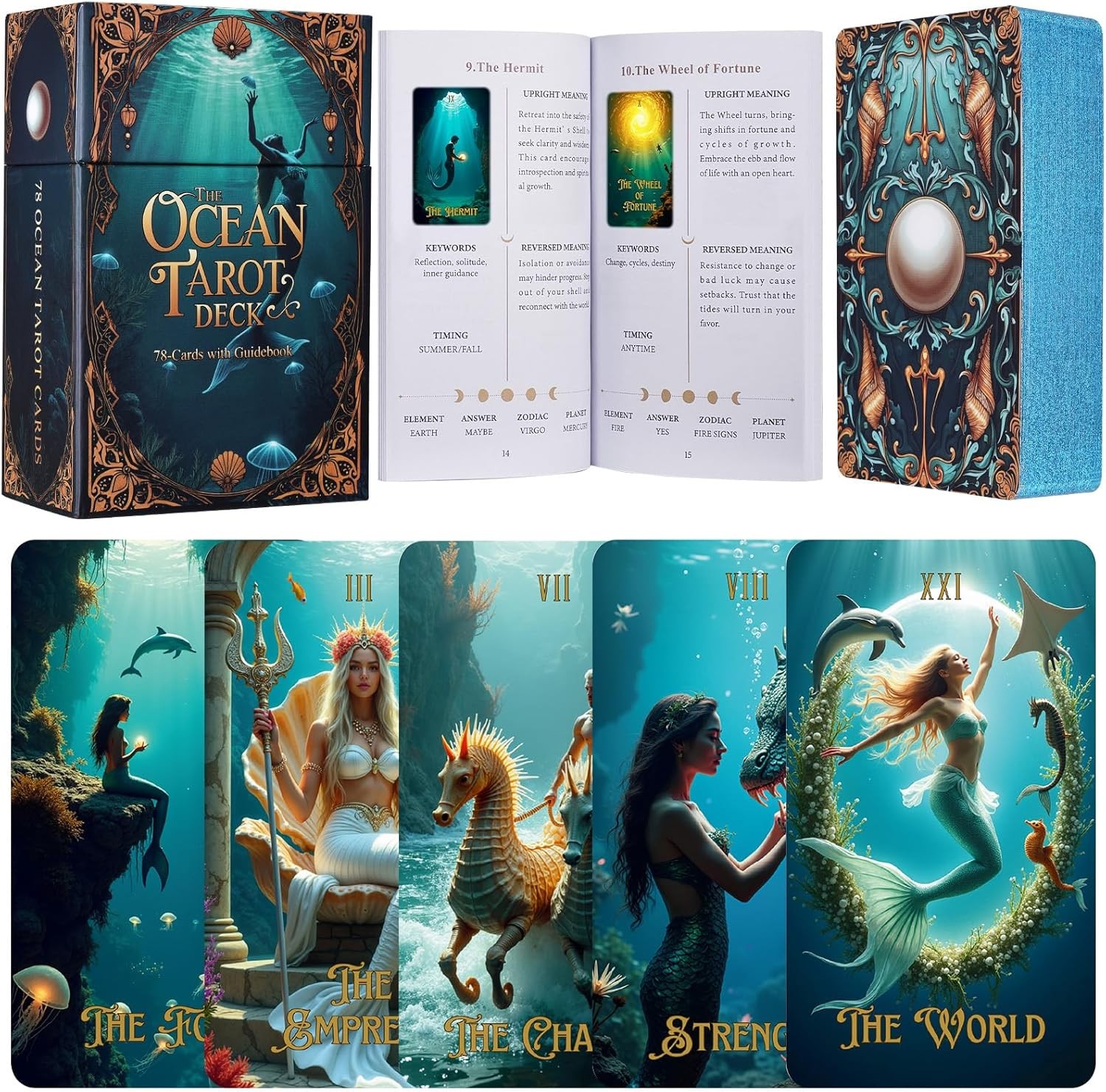 XSYLOHXL Ocean Tarot Cards with Guide Book for Beginners Unique Pretty Gold...