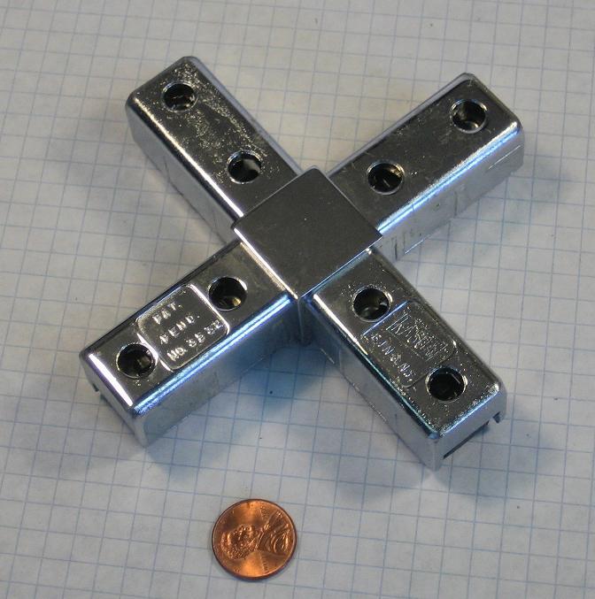 KASON #3532 MODULAR FITTING, FOR 1" x 1" TUBING, CROSS CONNECTOR, CHROME-PLATED