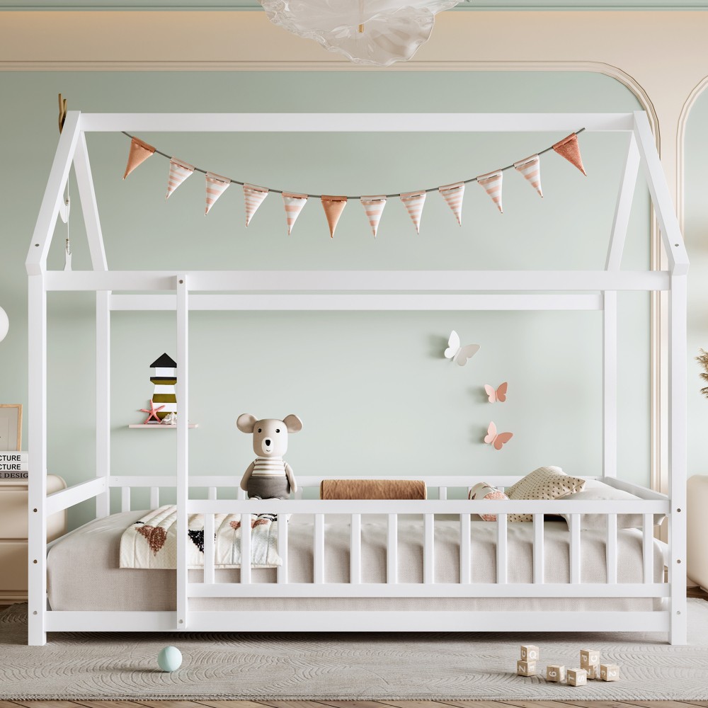 Twin Size Floor Wooden Bed with House Roof Frame Fence Guardrails White