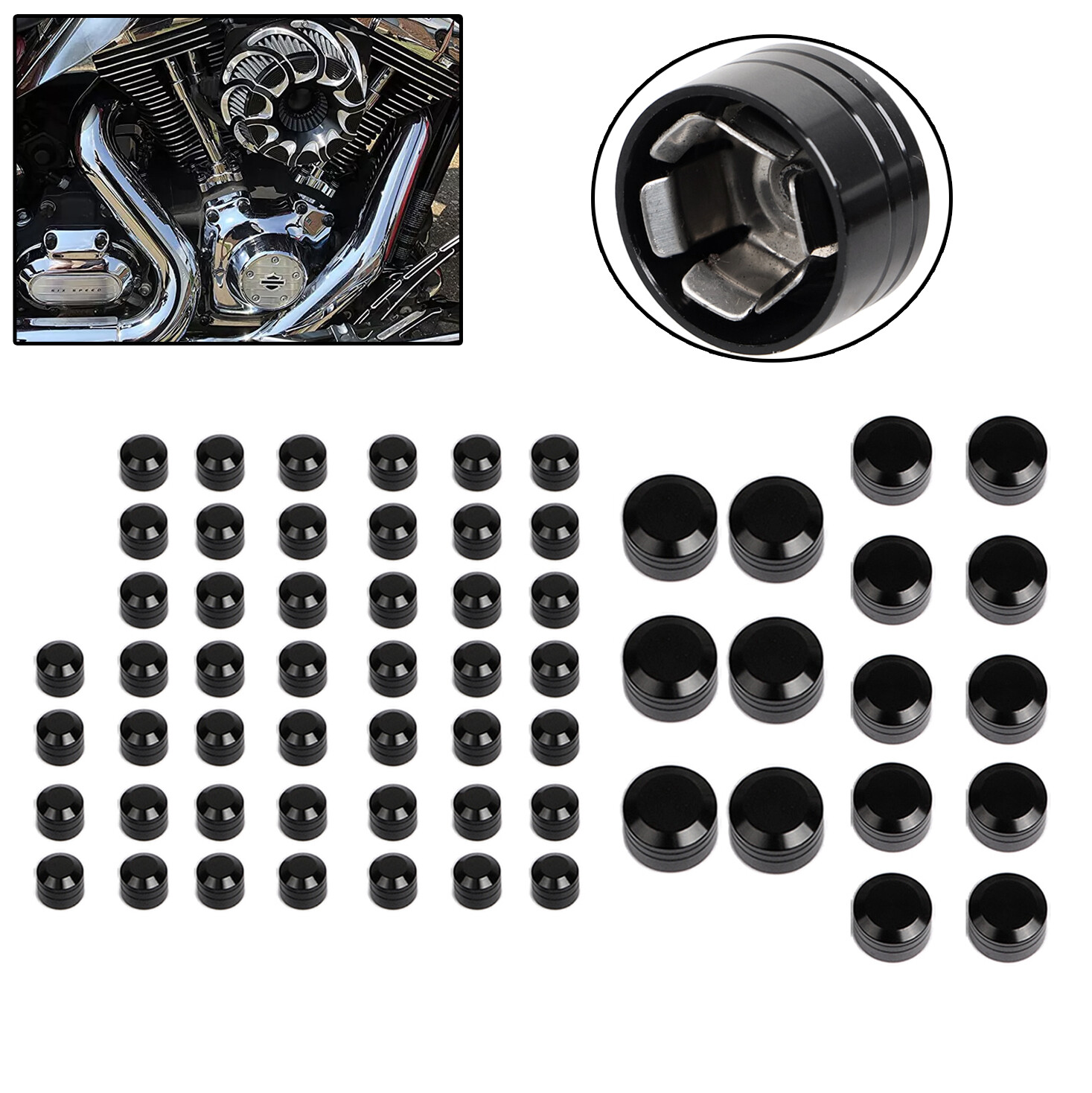 62X Black Engine Bolt Topper Cover Caps For Harley Electra Glide Softail Fat Boy