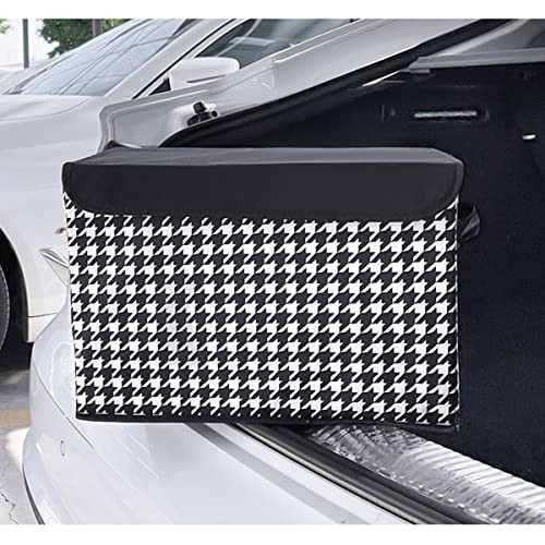 8sanlione Car Cargo Trunk Storage Box with Lid, Houndstooth Pattern Black/White