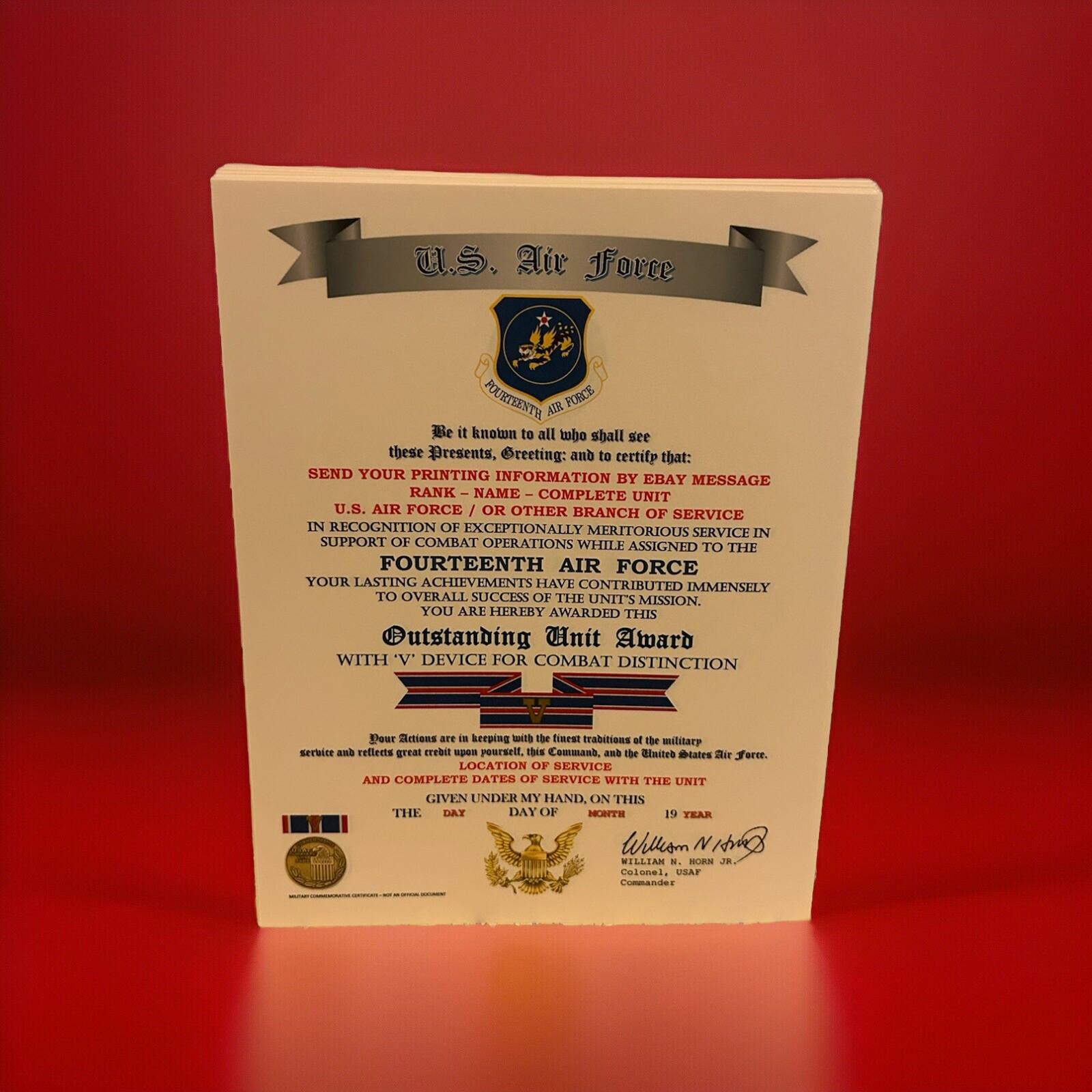U.S. AIR FORCE / 14TH AIR FORCE - OUTSTANDING UNIT AWARD W/V DEVICE CERTIFICATE