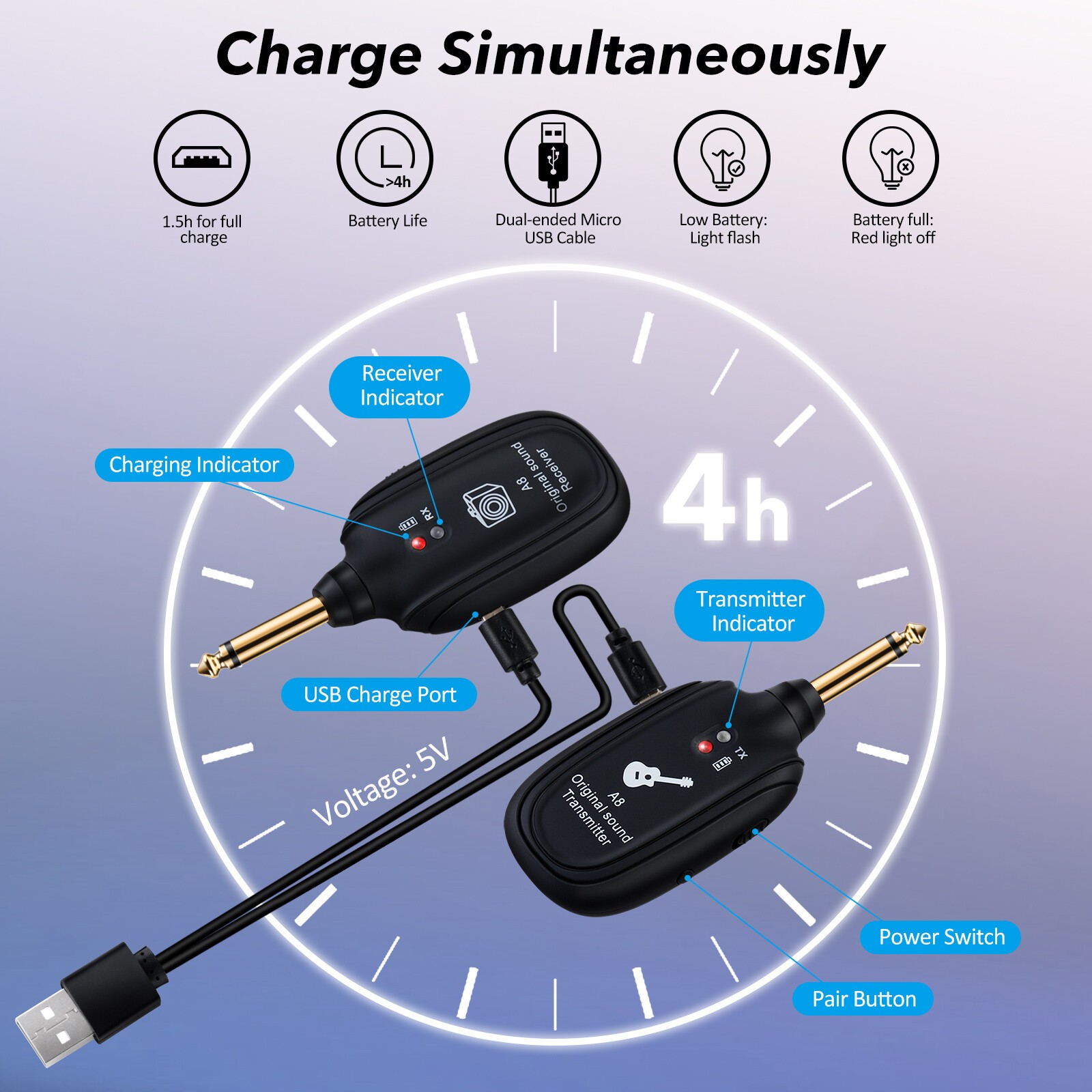 UHF Guitar Wireless System Transmitter+Receiver Built In Rechargeable Battery