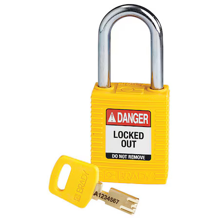 Brady Nyl-Ylw-38St-Kd Lockout Padlock, Keyed Different, Nylon, Yellow, 1 1/2 In