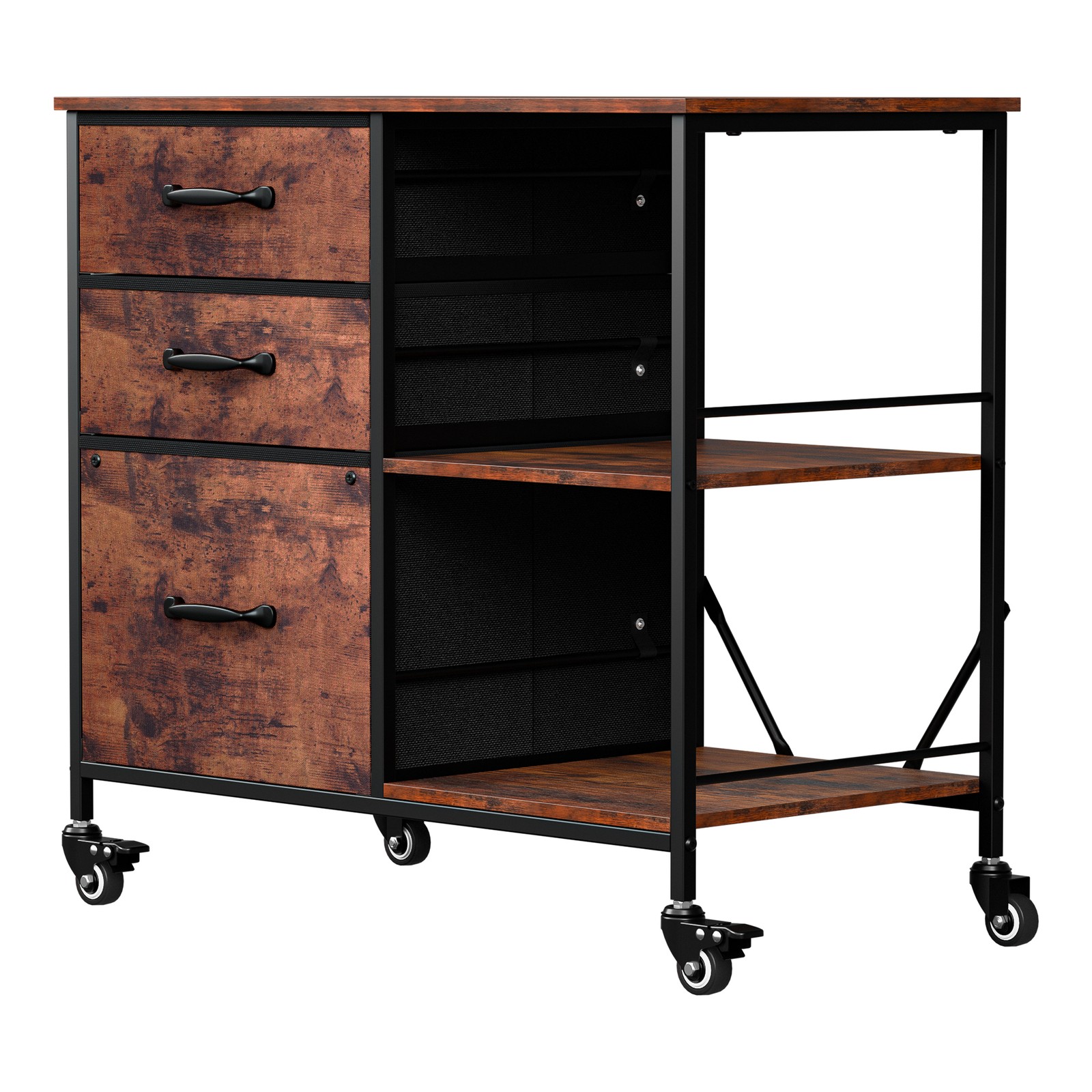 3 Drawer Mobile File Cabinet Rolling Printer Stand w/ Storage Shelf Rustic Brown