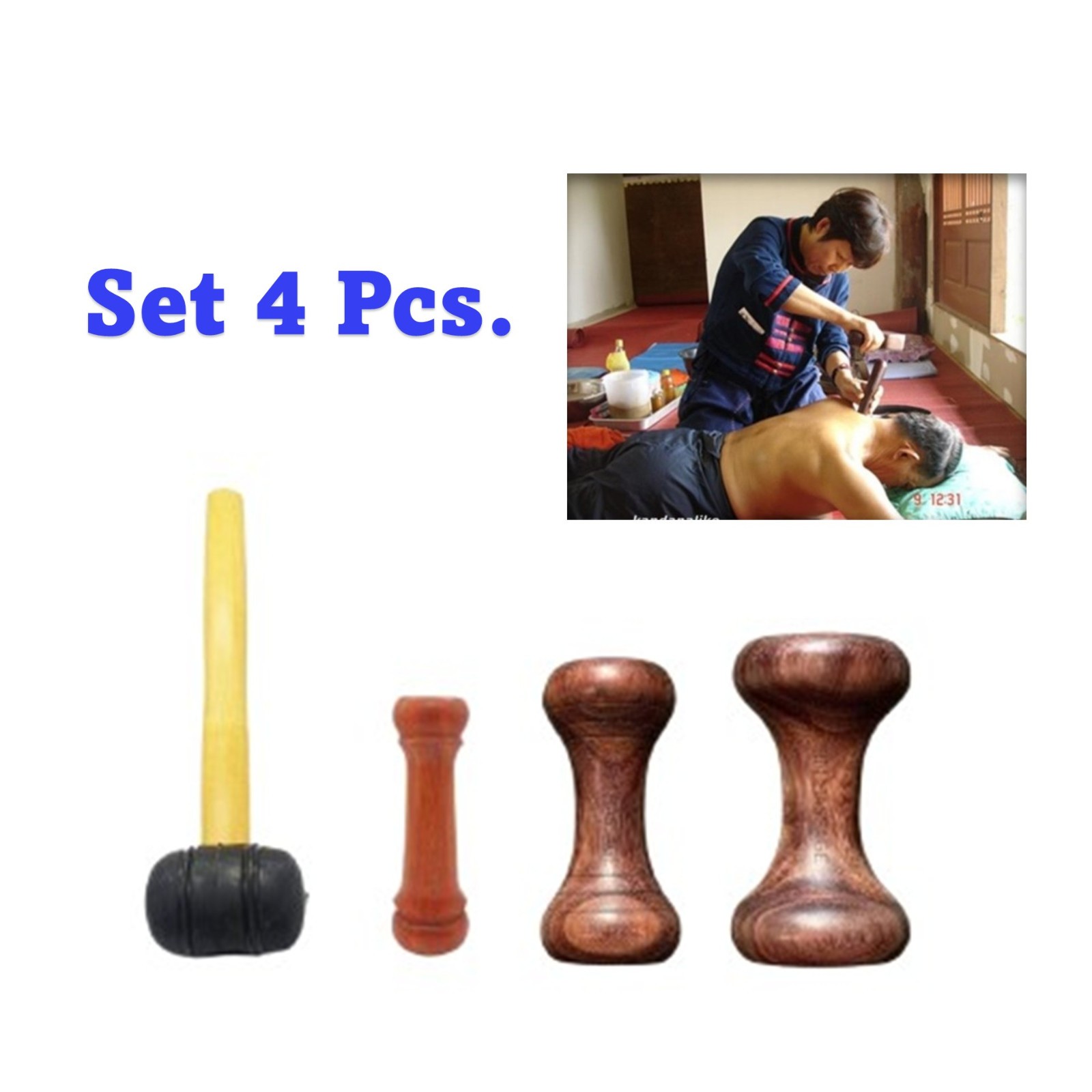 Thai Tok Sen Massage Tool Set Dumbbell Wooden Hammer Kon Massage Therapy 4 pcs