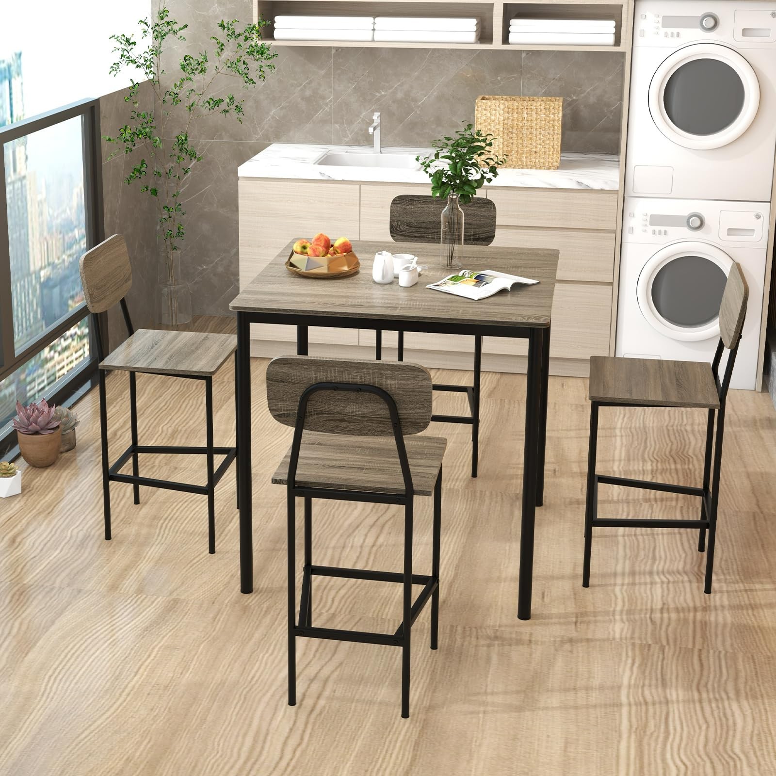 5-Piece Dining Table Set W/Counter Height Table & 4 Bar Stools, Modern Kitche...