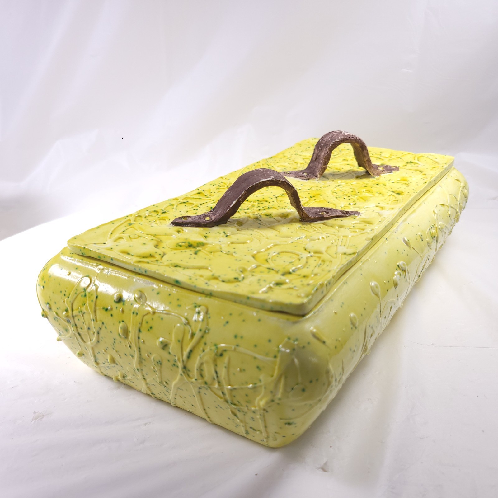 Ceramic Covered Dish Rectangular Box Lidded Vtg Abstract Yellow Green Speckled