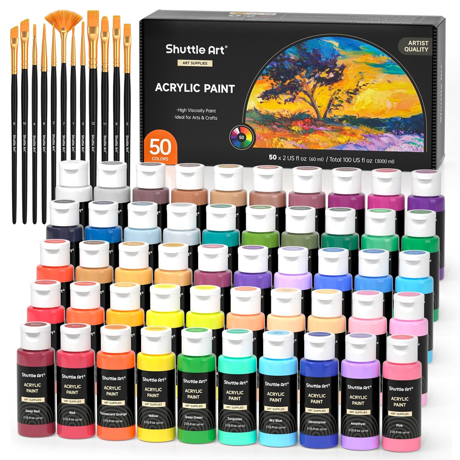 Shuttle Art Acrylic Paint, 50 Colors 2 Fl Oz (Pack of 50), Regular