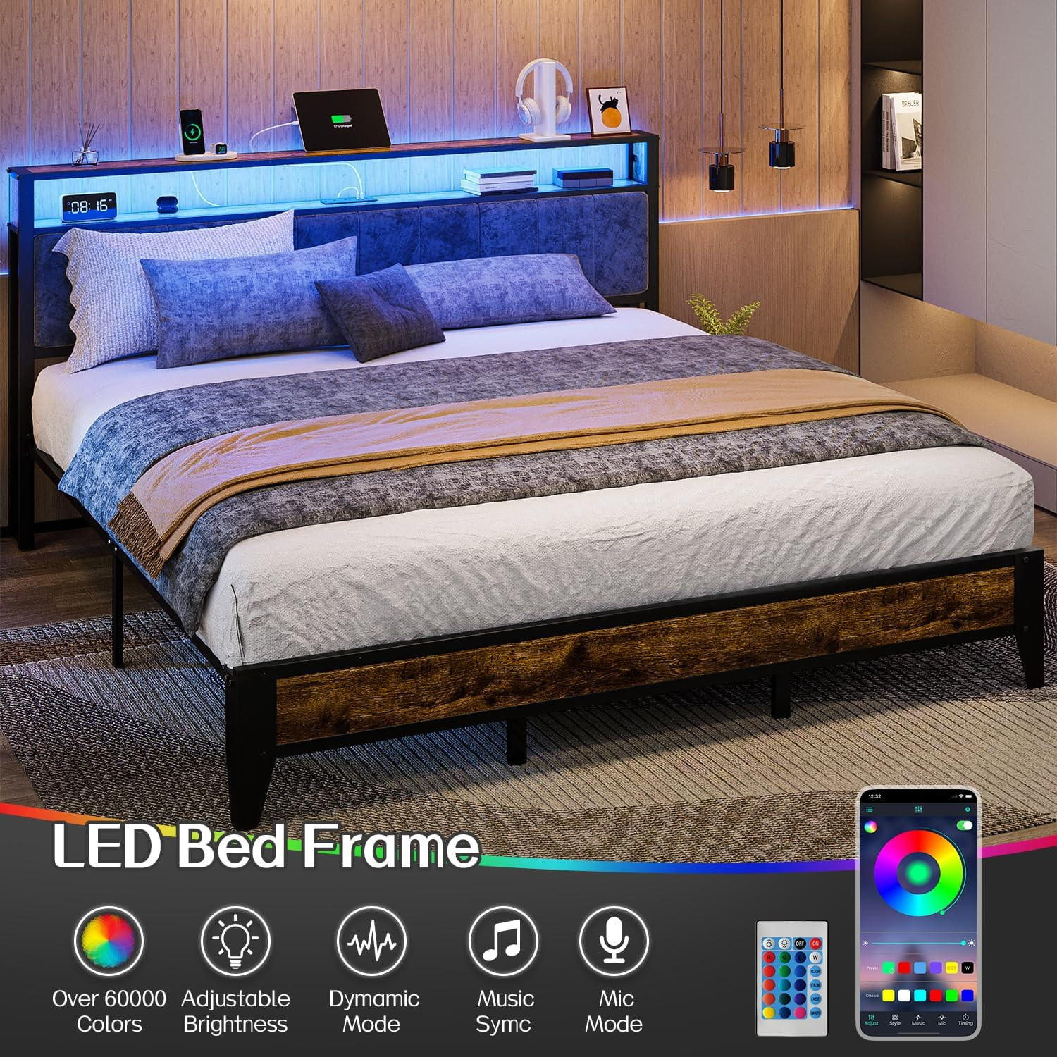 King Bed Frame with Headboard, Metal Platform Bed King Size with 2-Tier Storage,