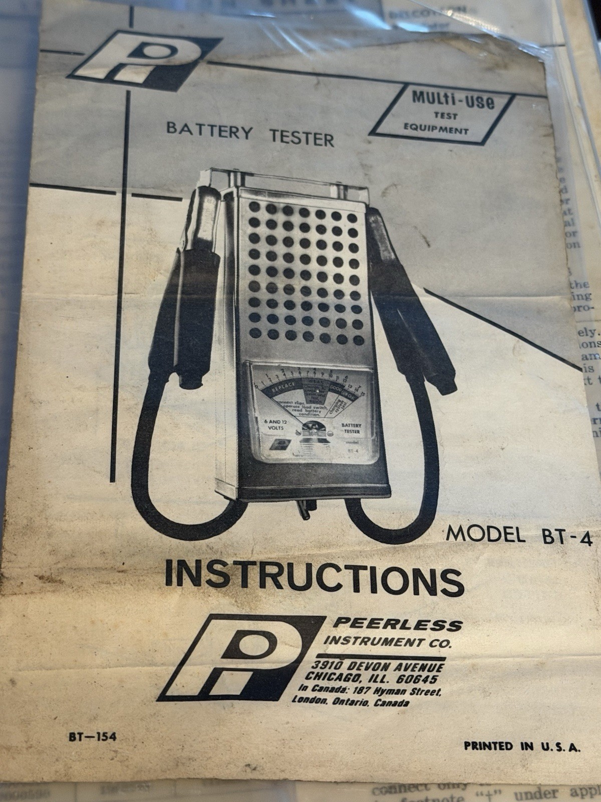 Peerless Instruments BT-4 Battery Tester Owners Manual