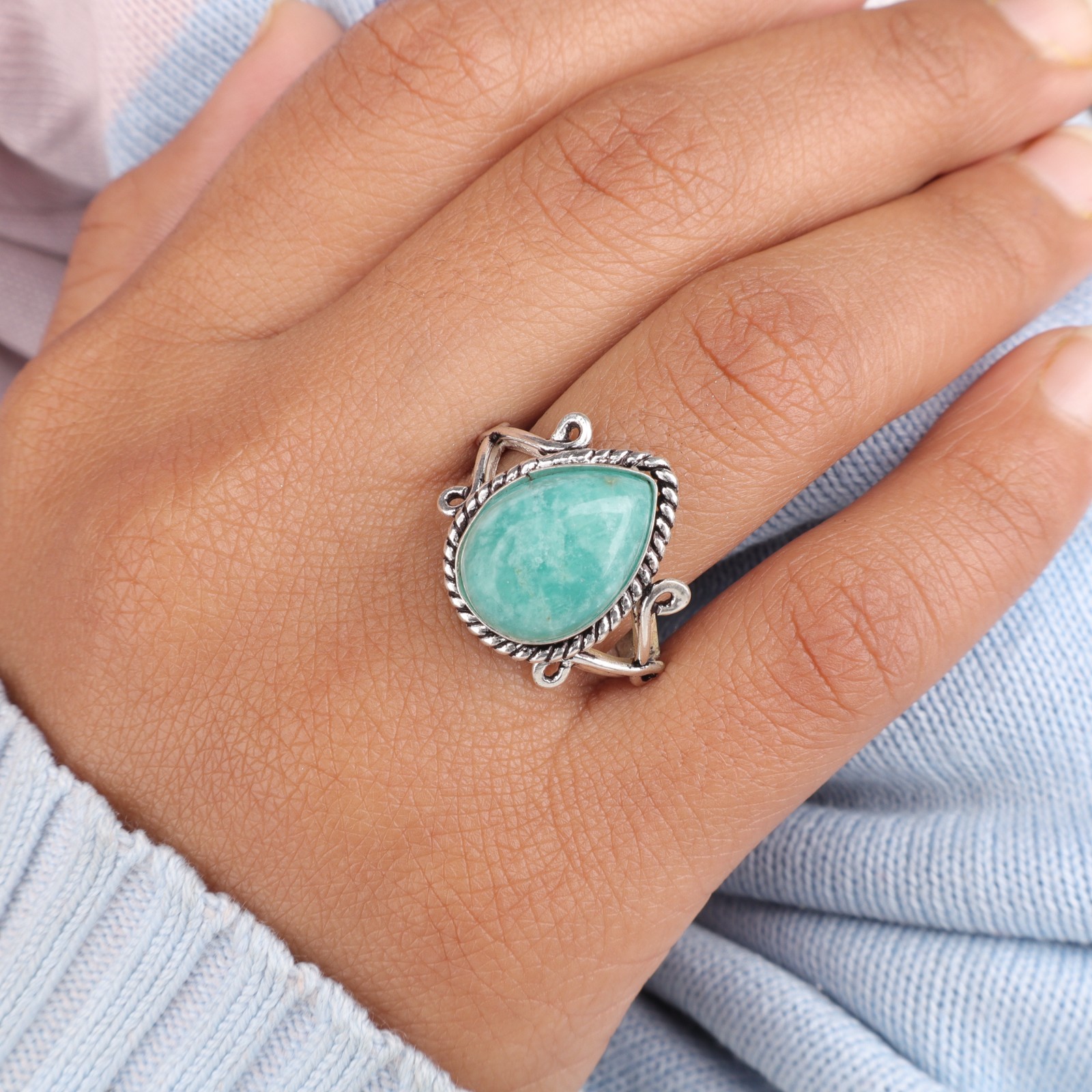 Natural Amazonite Gemstone 925 Sterling Silver Jewelry Handmade Ring For Gift