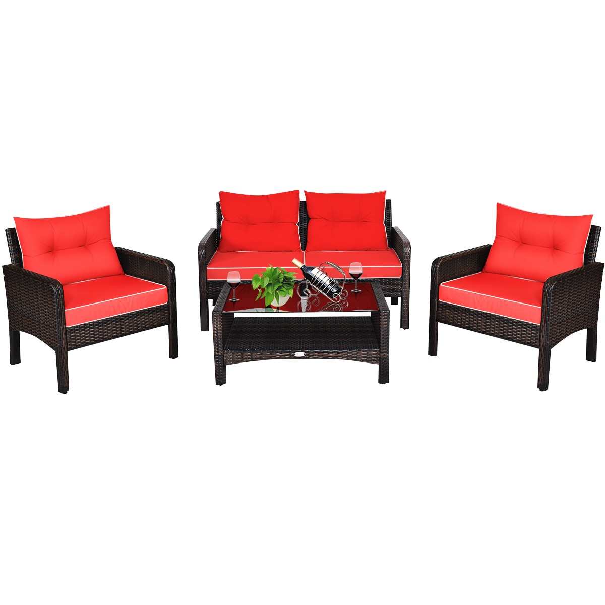 Patiojoy 4PCS Rattan Wicker Furniture Set Sofa Loveseat 4-Person W/Red Cushion