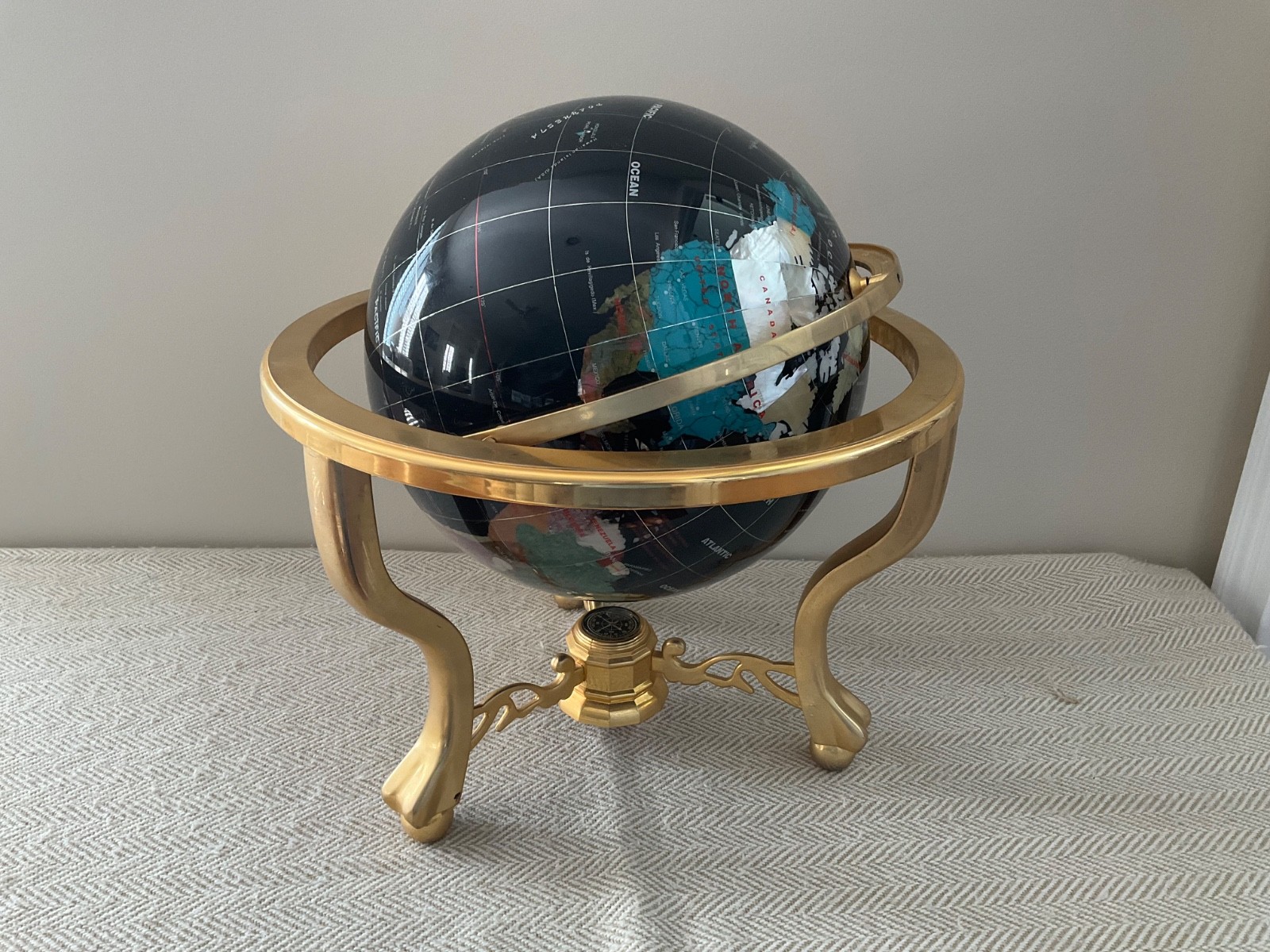 Unique 19" Tall Black Ocean Tripod Gold Leg table Gem Gemstone World Map Globe