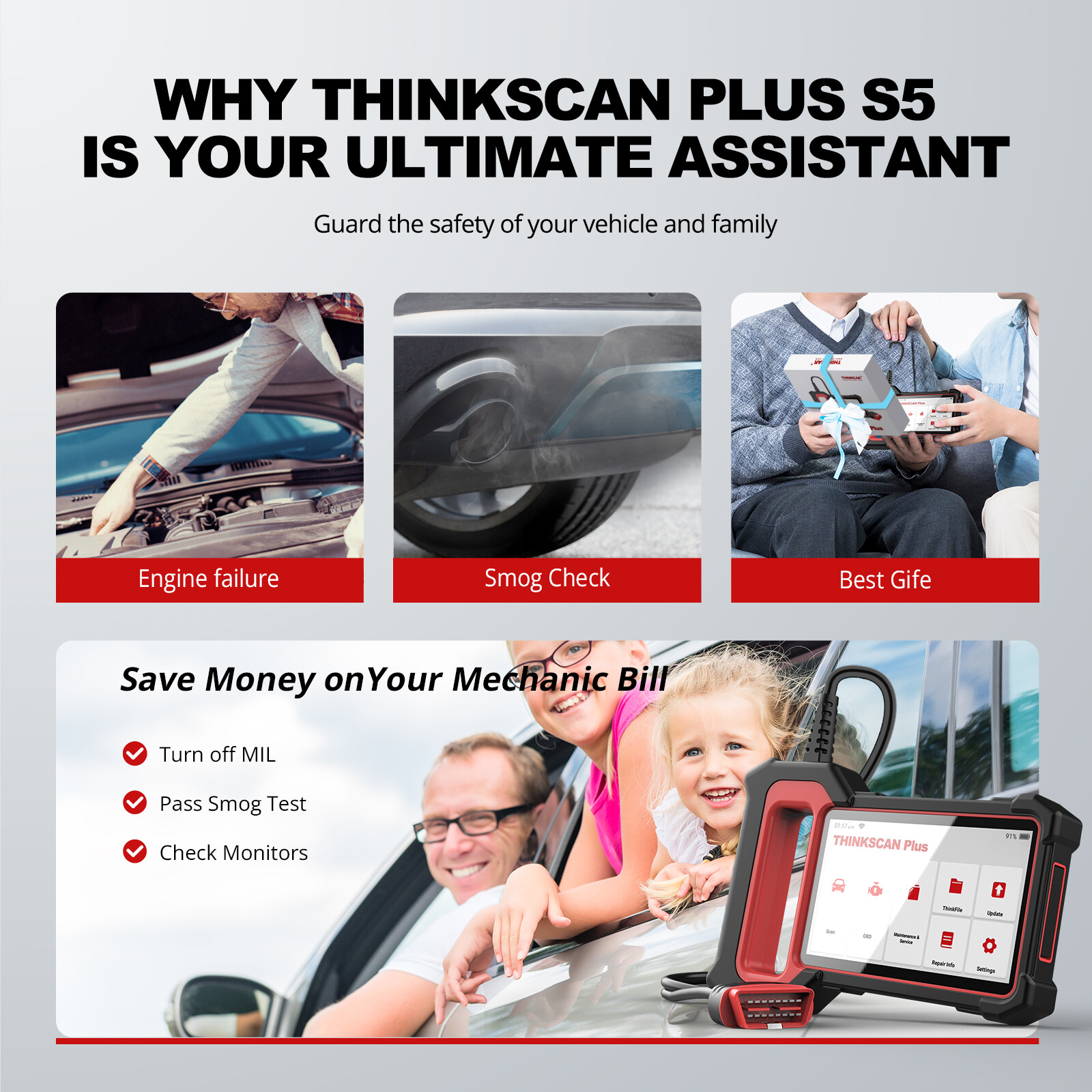 THINKSCAN PLUS S5 OBD2 Scanner ABS SRS ECM TCM Car Diagnostic Tool Code Reader