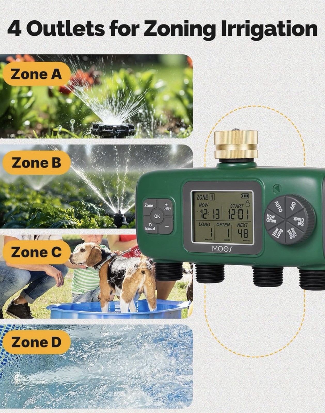 MOES 4 Outlet Sprinkler Timer Brass Inlet Programmable Irrigation Controller New