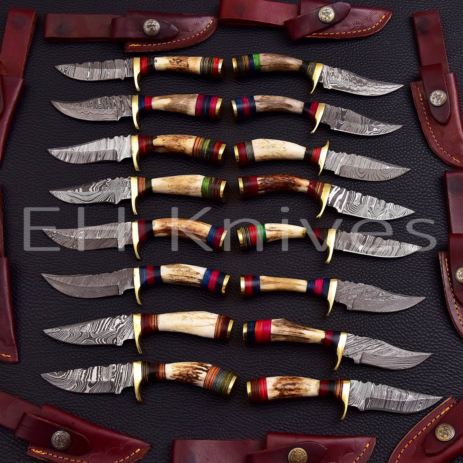 Lot of  20 Handmade Damascus Steel Hunting Sharp Stag/Antler Knives with Sheath.