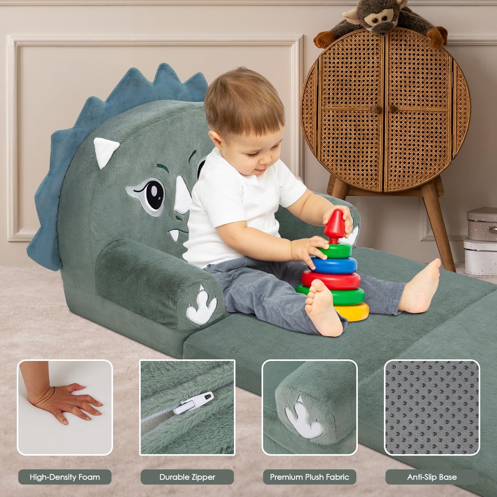 Kids Couch Comfy Foldable Kids Sofa to Lounger 2 in 1 Toddler Chair Plush Bab...