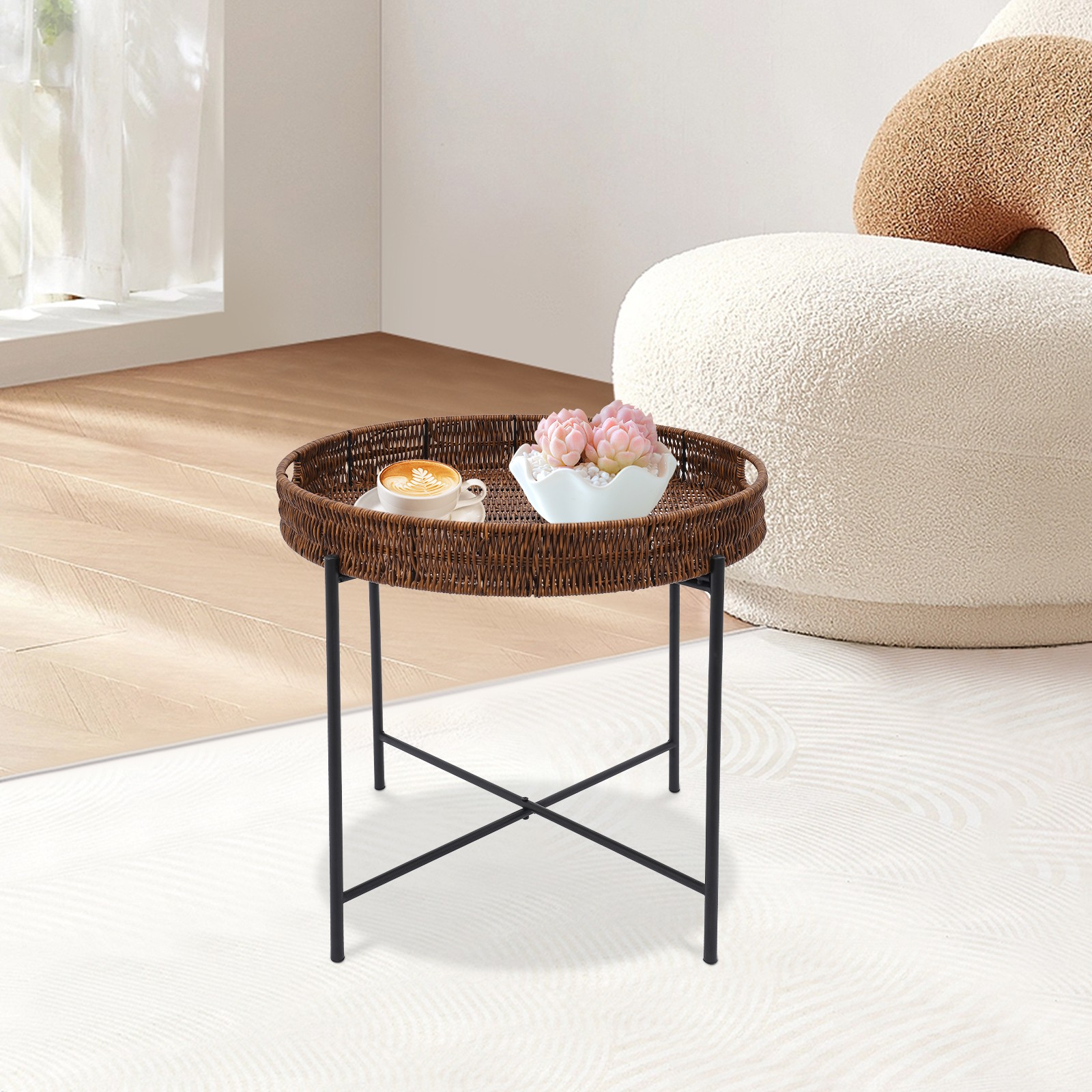 Black, Brown Small Round End Table Indoor Wicker Rattan Side Table,Round Tray