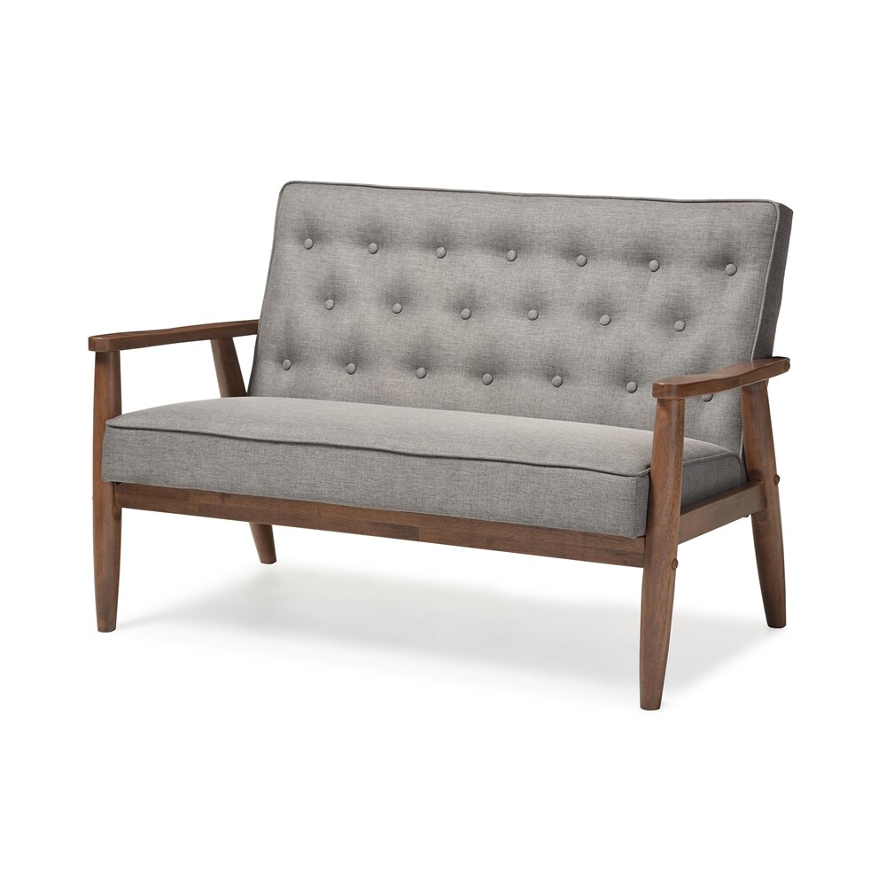 Mid-Century Dark Walnut Finished Gray Fabric Sofa, Loveseat, Chair or Set of all