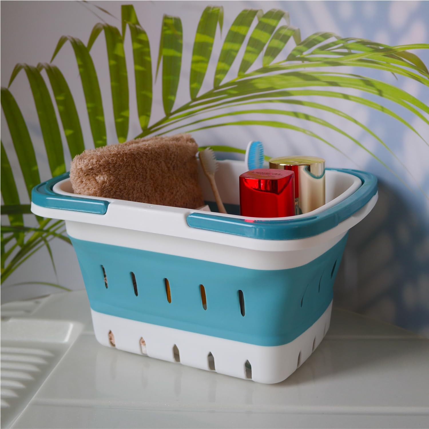 MINDFARGE Portable Folding Plastic Bath Caddy with Handle, 1 pack, Grey