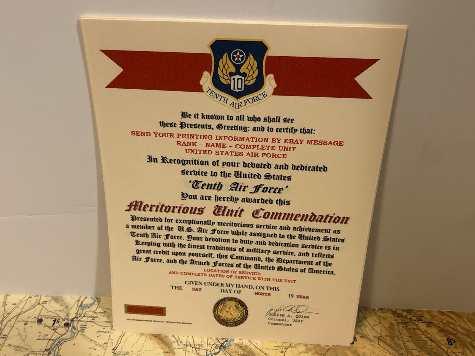 U.S. AIR FORCE / 10TH AIR FORCE - MERITORIOUS UNIT COMMENDATION CERTIFICATE