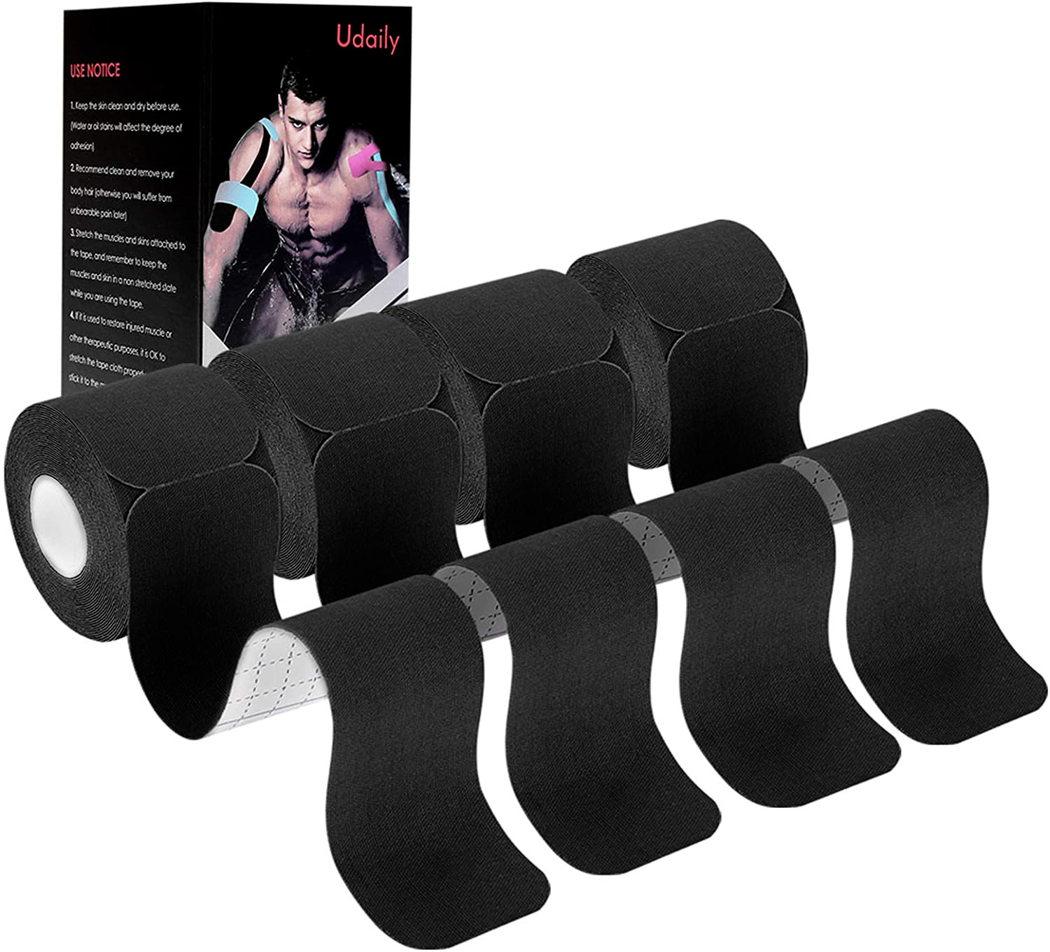 Udaily Kinesiology Tape Precut (4 Rolls Pack), Elastic Therapeutic Sports Tape f