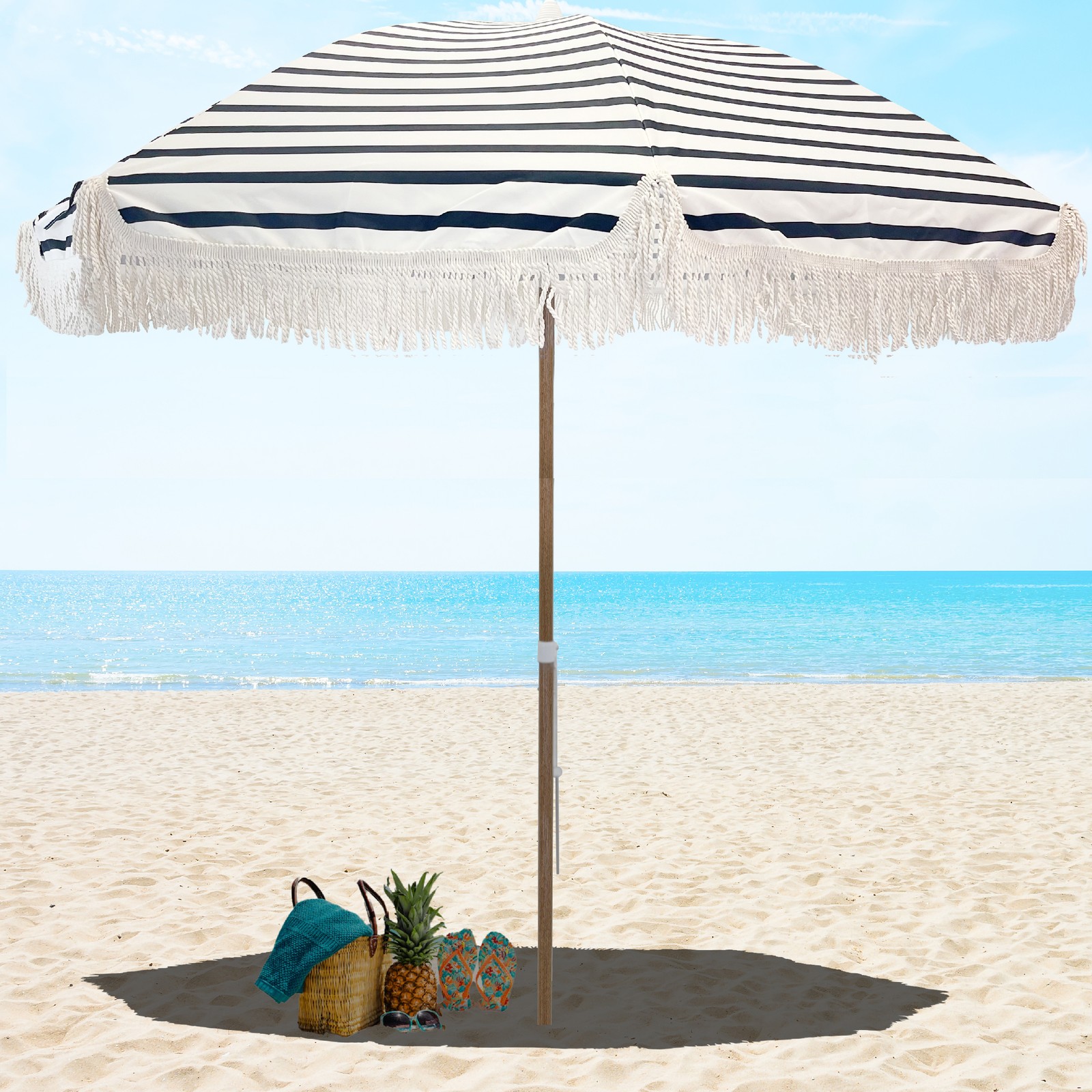 Tassel Beach Umbrella 7 Foot – Designer Umbrella Fringed Tassels – Wood Grain St