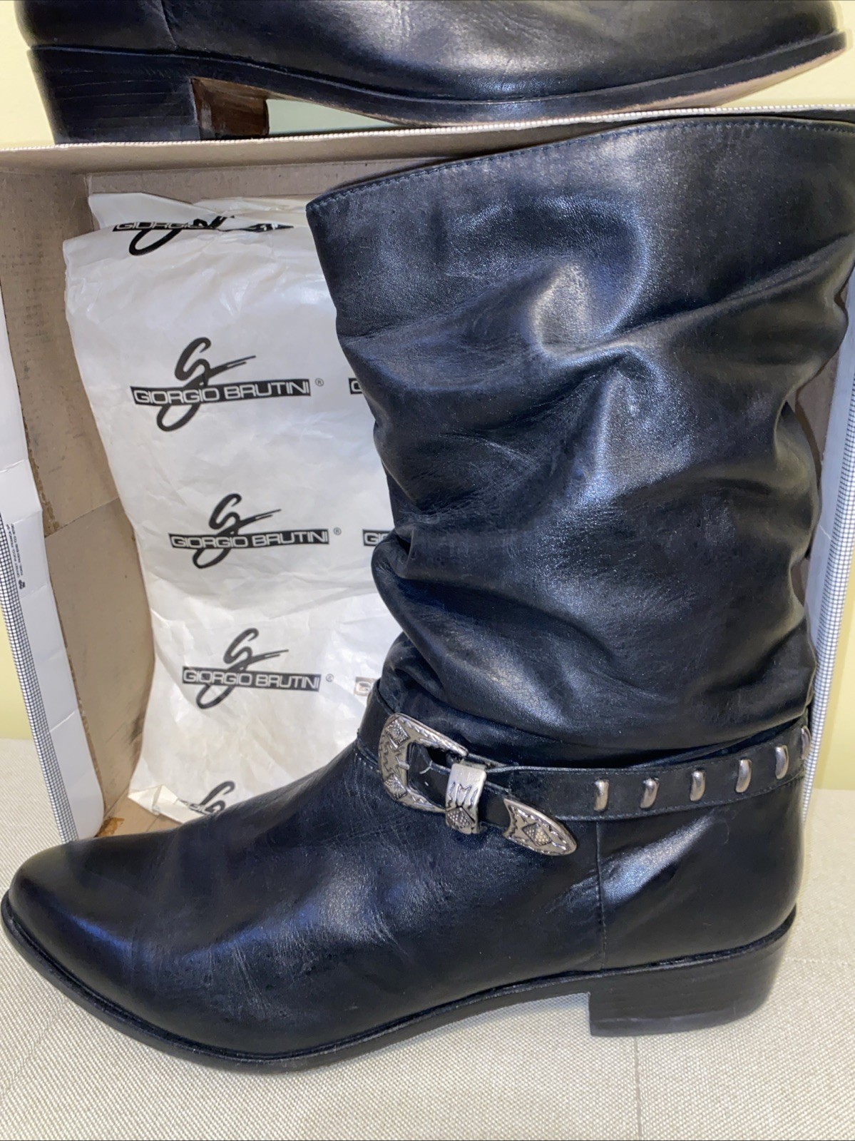 Vintage Giorgio Brutini Black Mens 10.5 Slouch Cowboy 80s Rock Band Boots Brazil