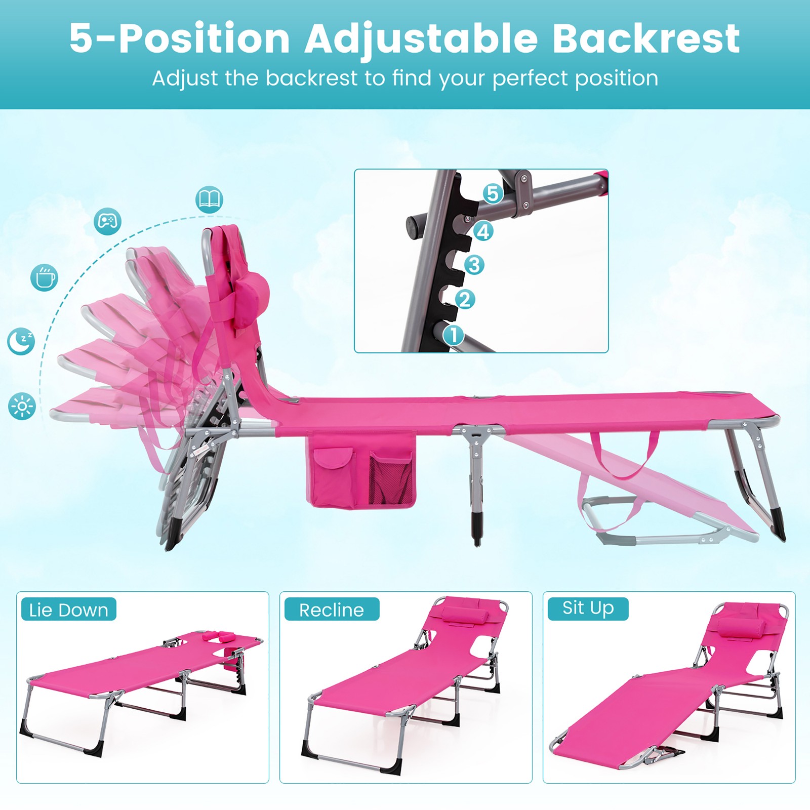 Set of 2 Beach Chaise Lounge Chair Folding Reclining Chair w/ Facing Hole Pink