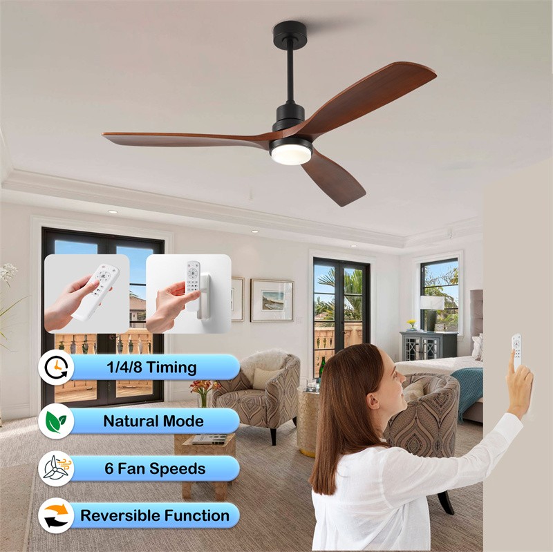 60" Modern Solid Wood Ceiling Fan with Light Reversible DC Motor Dimmable Remote