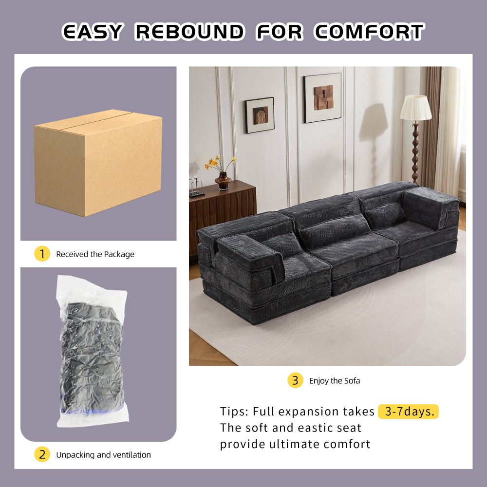 Convertible Floor Sofa Bed w/ Pillows, Dark Gray Circle Fleece Fabric