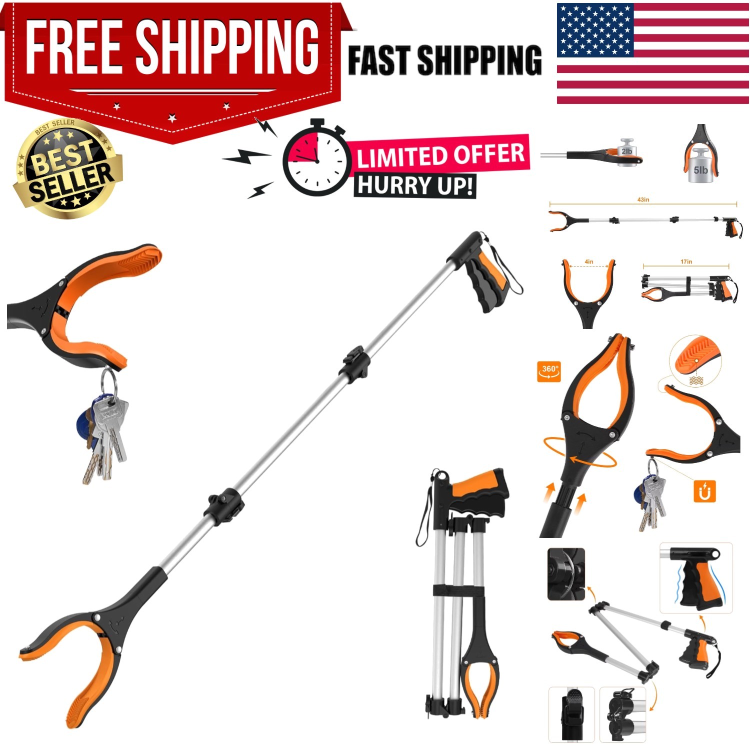 Extra-Long 43" Grabber Reacher Tool with 4" Claw & Magnetic Pickup for Seniors