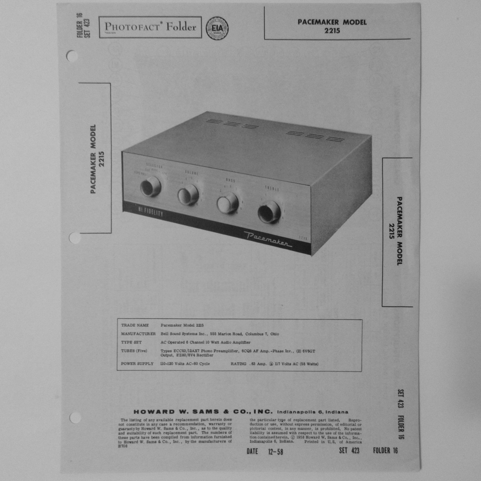 Pacemaker Model 2215 12AX7 Tube Type Audio Amplifier SAMS Photofact ™ 1958 New
