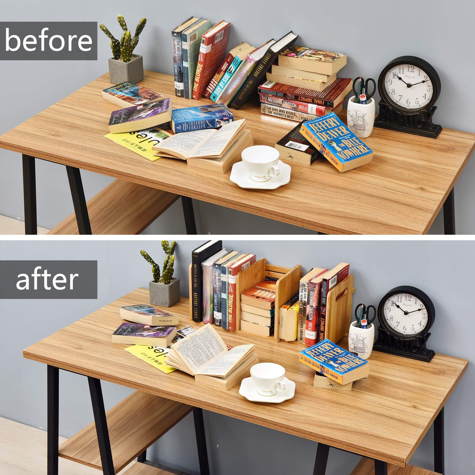 WELLAND Bamboo Desktop Bookshelf Small Book Rack Adjustable Desk Storage Orga...