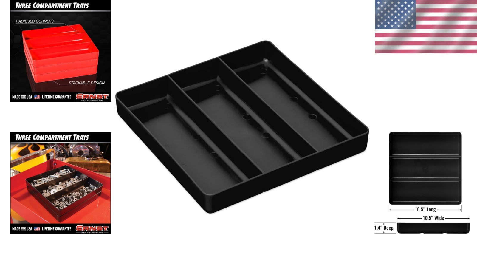 Impact Resistant 3-Compartment Organizer Tray for Workshop & Hobby Use - Black
