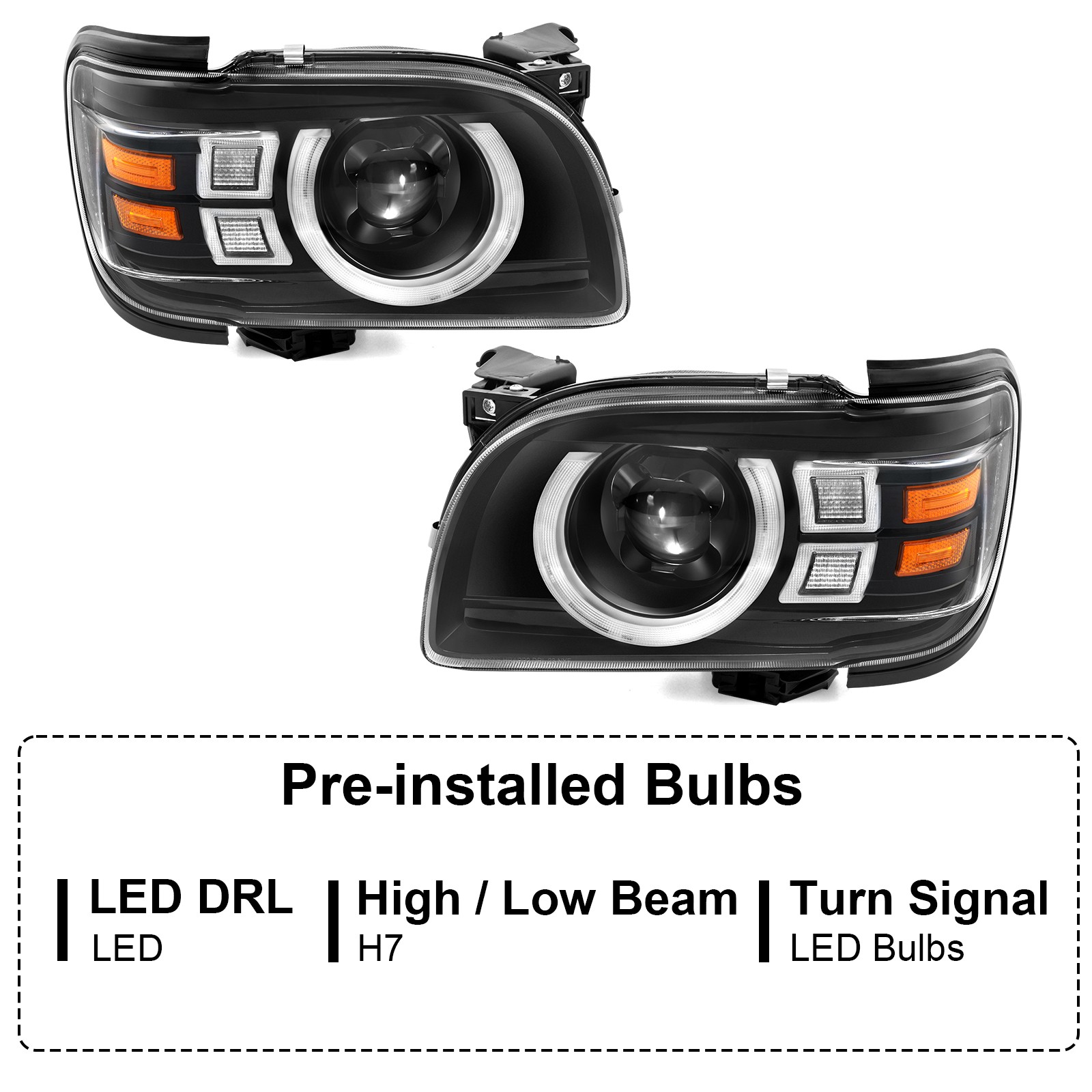 LED DRL Turn Signal Headlights For 2001-2004 Toyota Tacoma Halogen Projector L+R