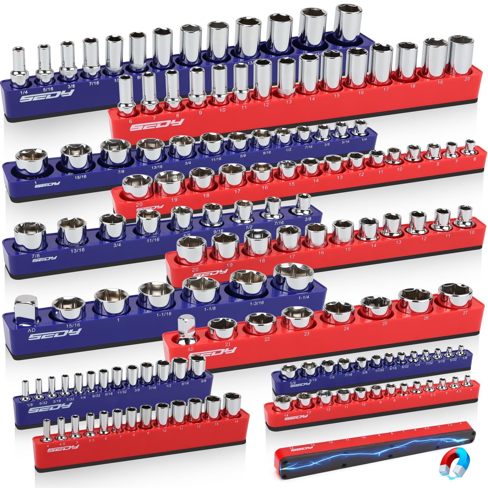 12-Piece 1/4" 3/8" 1/2"-Drive SAE & Metric Magnetic Socket Organizer Set Hold...