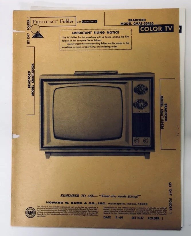 Howard W. Sams PhotoFact Bradford Color TV / Schematic and Circuitrace/ Repair