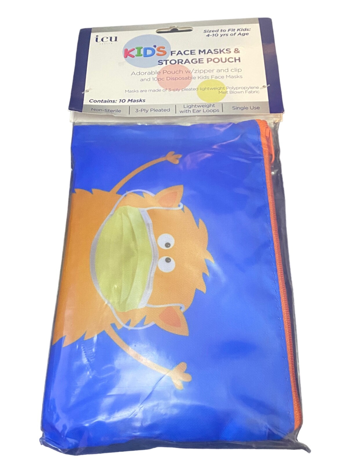 Icu Health Kid’s Yellow Face Masks & Blue Storage Pouch Monster 4-10 yrs 10 Ct