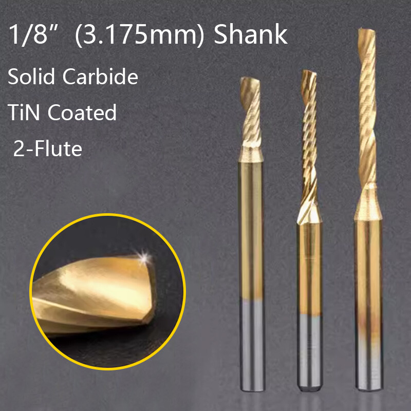 1/8" Solid Carbide TiN Coated 2 Flute Spiral Router Bit End Mill Cutter CNC MDF